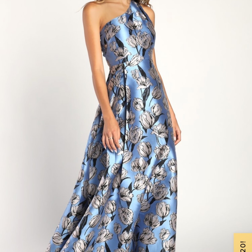 Lulus Exquisite Elegance Blue Jacquard One-Shoulder Maxi Dress medium nwt